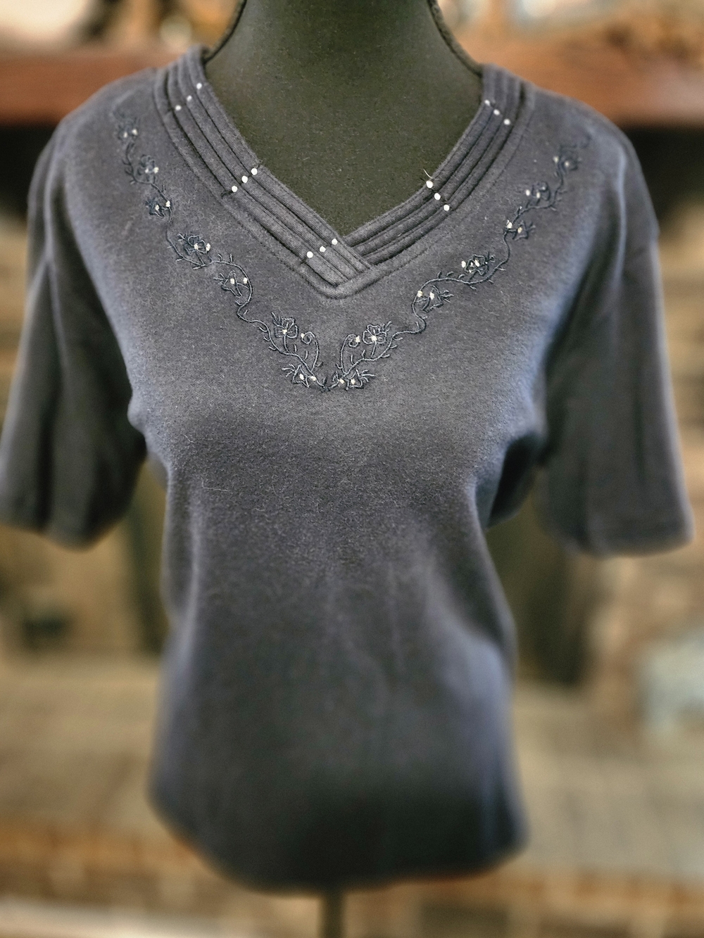 Embellished Black V-Neck Sweater Top